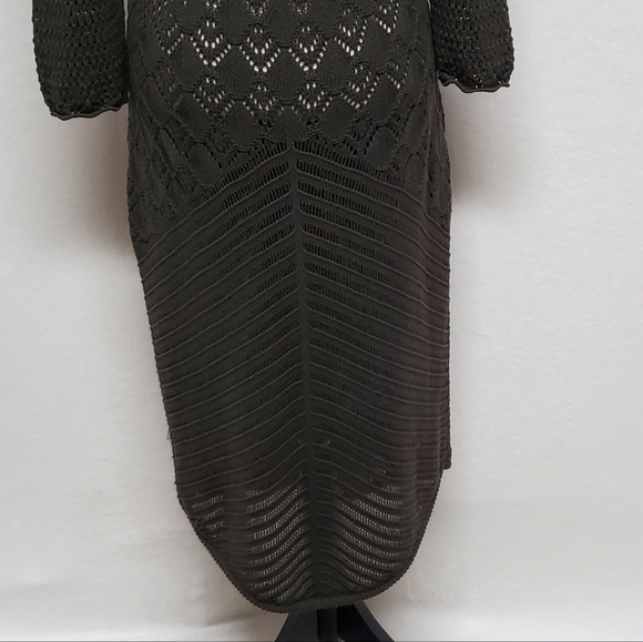 W by Worth Olive Green Open Crochet Knit Plunging Neckline Asymmetric Midi Dress - Picture 12 of 14